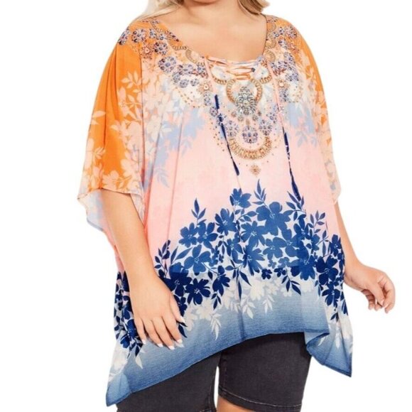 Size 16 Ombre Floral Jeweled Kaftan Vibrant Tropical Relaxed Sheer Beach Poncho - Picture 1 of 9